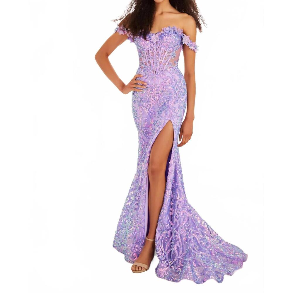 NEW ELLIE WILDE off-the-shoulder 3d floral prom dress in lavender